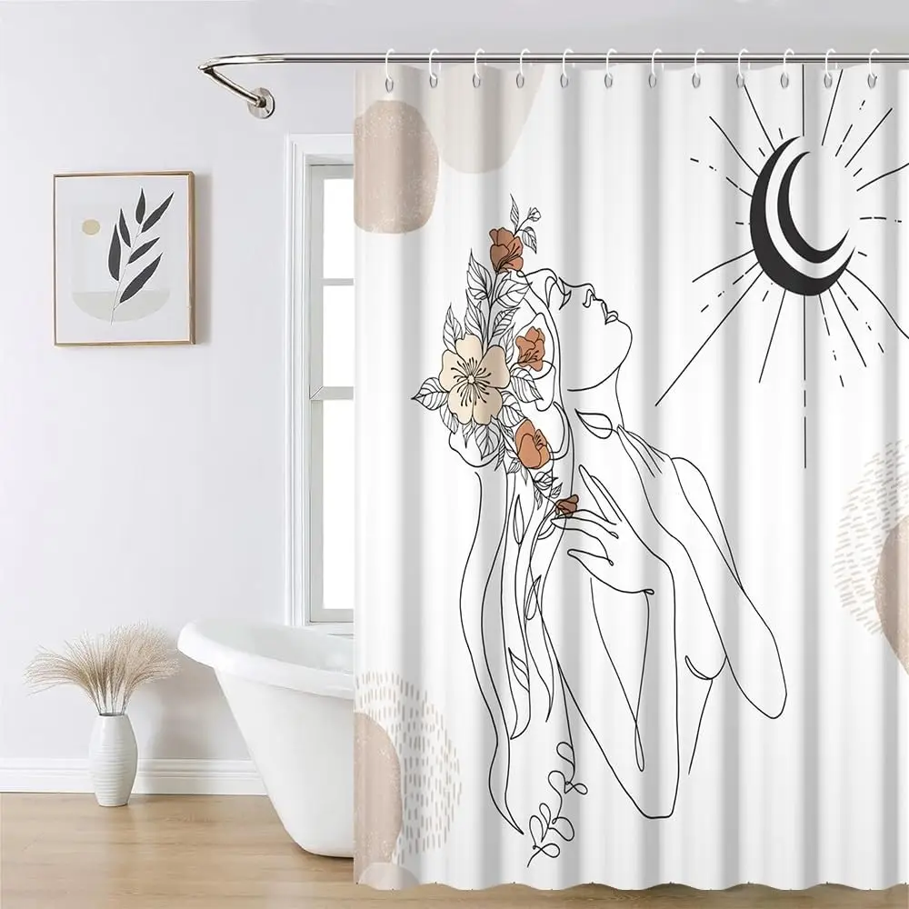 Abstract Boho Celestial Shower Curtain Bathroom Boho Line Art Floral Woman Portrait Decor 180x180cm