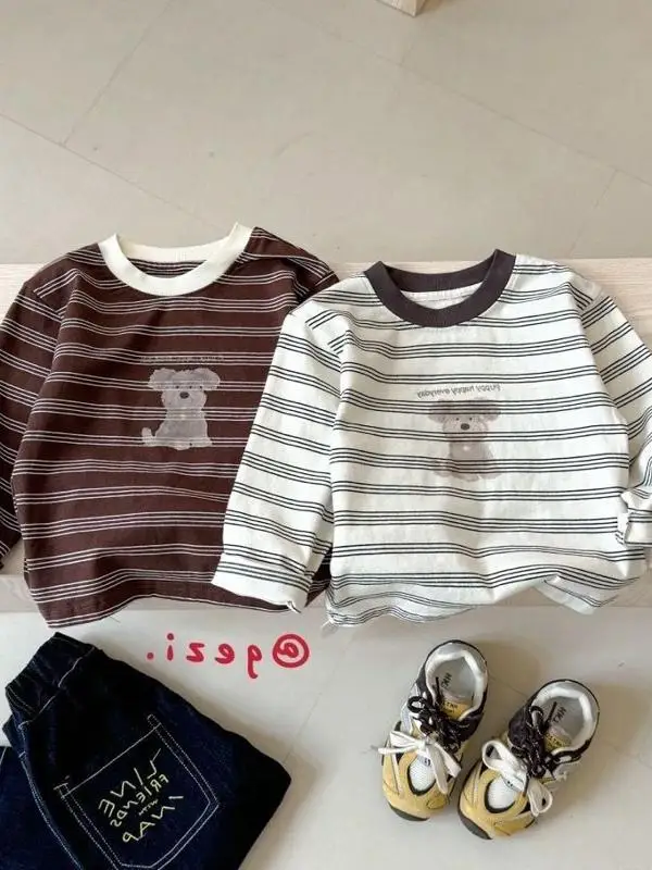 

Корейская детская футболка с длинным рукавом, весенняя модная полосатая универсальная футболка, базовый слой для мальчиков, забавная футболка