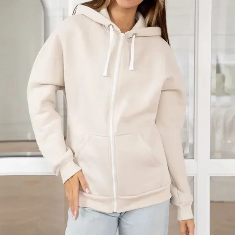 Autumn Winter Women Hoodies Solid Color Fleece Warm Sweatshirts Ladies Zipper Hooded Coats Fashion Tops Female Casual Outerwear