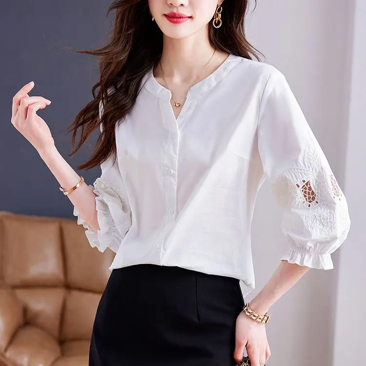 

Cotton Hollow Embroidered Shirt For Women's Summer New Fashionable Quarter Sleeved Shirt Loose And Versatile Top