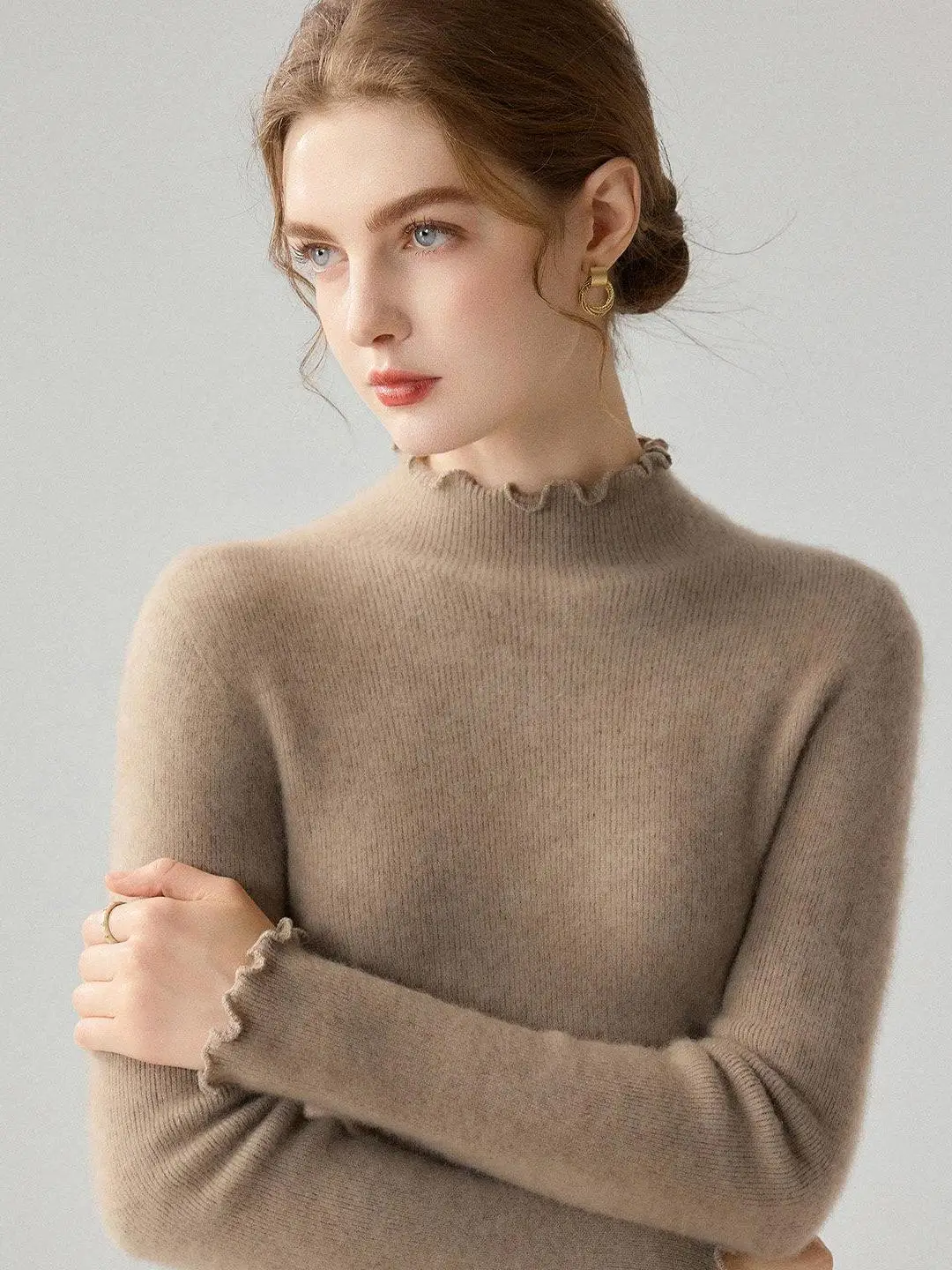 Loose Knitted Sweater Women's Pure Color Half High Collar Fashionable Wooden  Collar Autumn Winter New Style Casual Shirt