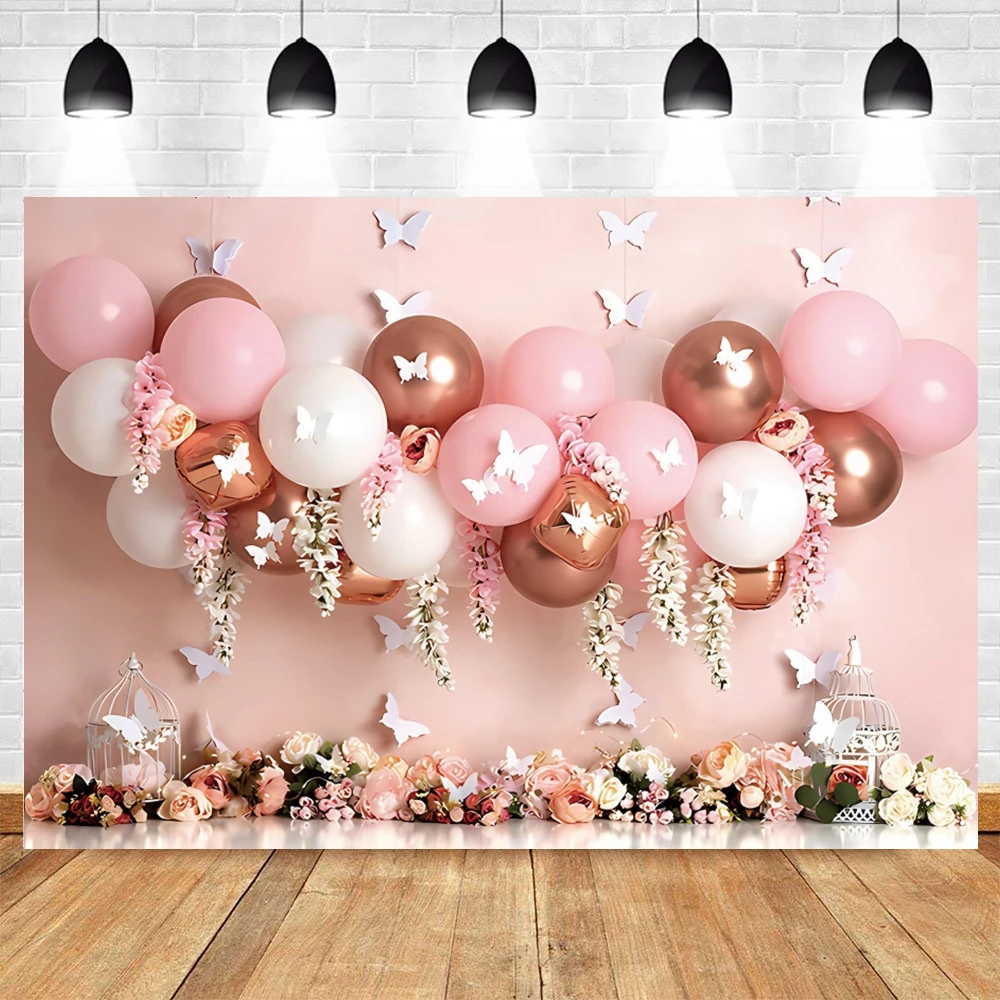 Girls 1st Birthday Backdrops Boho Style Pink Balloon Butterfly Castle Party Decor Baby Shower Background for Photography Props