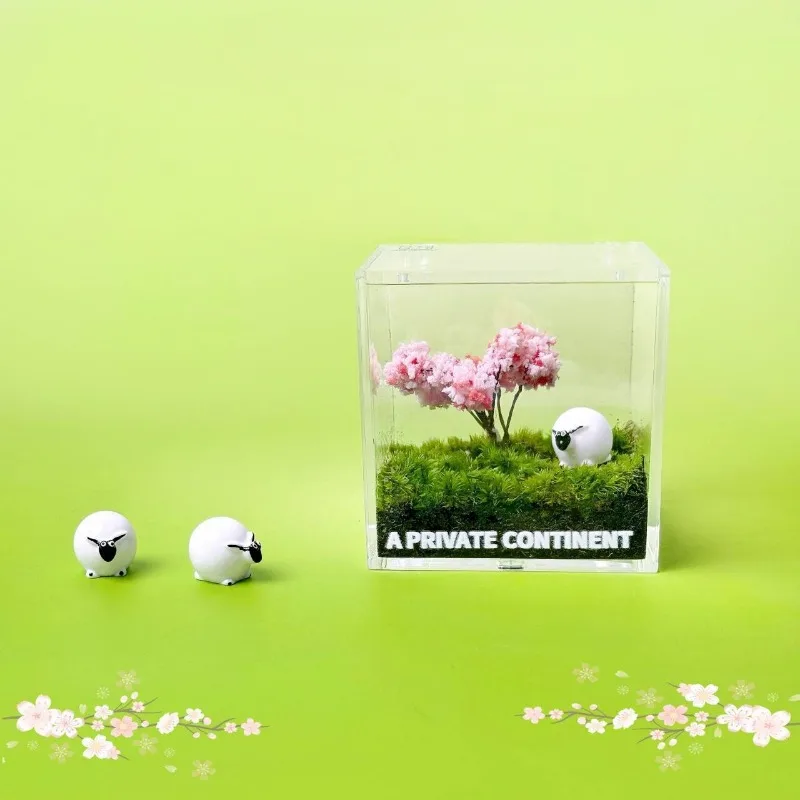 ミニ芝生羊の彫刻ヒーリングミニチュア風景置物アクリルボックスモス像造花ツリー工芸品家の装飾