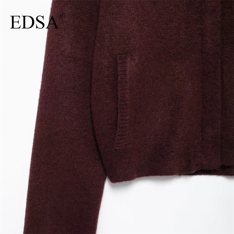 EDSA Women Knitted Bomber Jacket Lapel Zipper Vintage Burgundy Color Coat New Fall Winter Stylish Knitted Cardigan