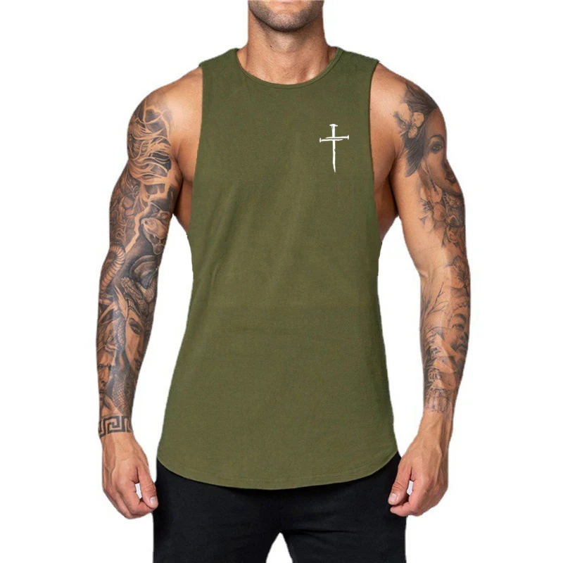 Personalized Cross Print Gym Clothing Mens Fashion Workout Muscle Sleeveless Shirt Cotton Bodybuilding Singlet Fitness Tank Tops