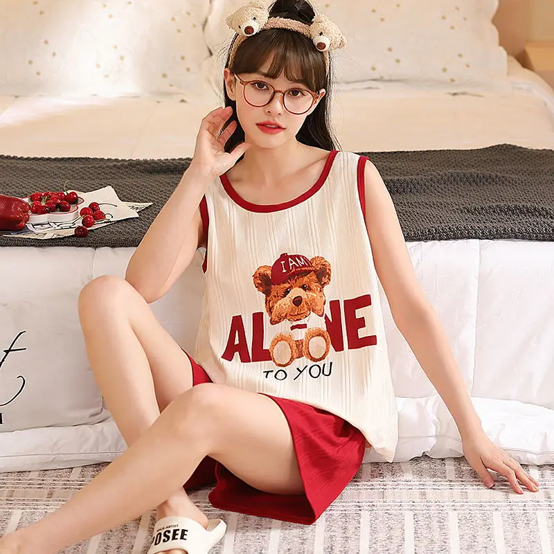 

2023 New Summer Pajama Sets Sleeveless home Tops with shorts nightgown korean clothes pyjamas Women Sleepwear Cartoon Cute Pijam