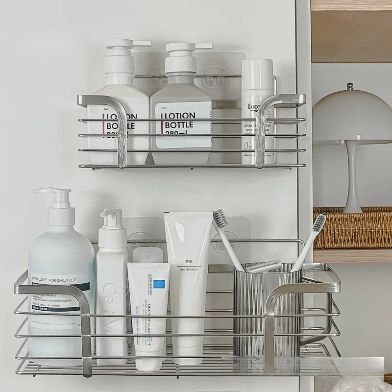

Stylish Stainless Steel Bathroom Shelf No-Drill Mounting Storage Organizer Multifunctional Cosmetics Storage Modern Kitchen Rack