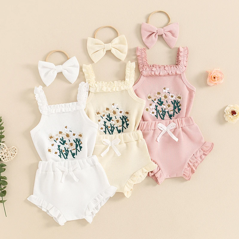 

Baby Girl Summer Outfits Waffle Flower Embroidered Sleeveless Romper Ruffles Shorts Headband 3Pcs Children's Clothing Set