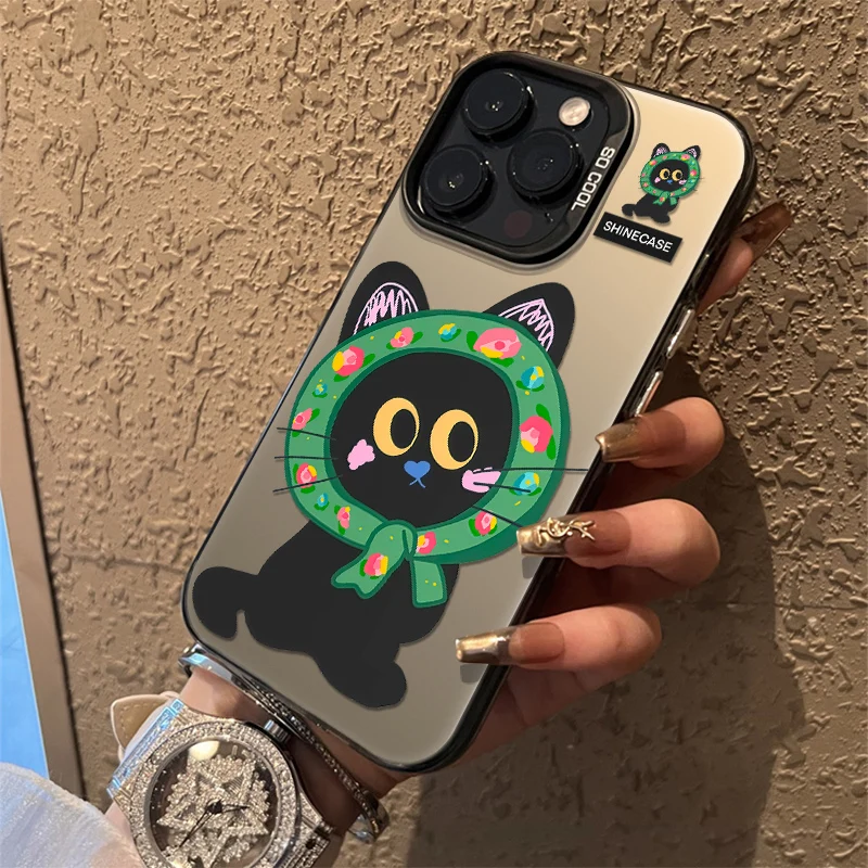 

Cute Cartoon Flower Hat Cat Phone Case For iPhone 16 15 14 13 12 11 Pro Max 16E X XS XR 7 8 Plus Laser IMD Hard PC Cover Fundas