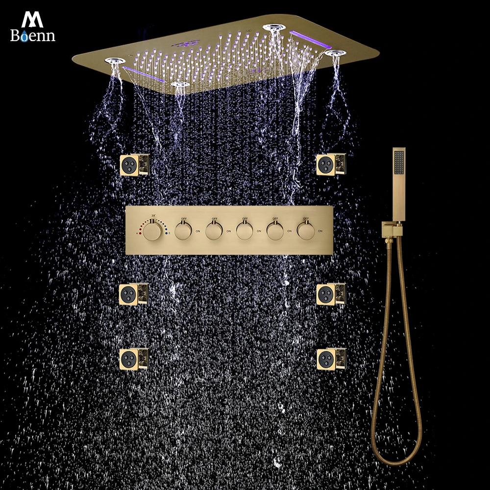 M Boenn Concealed Brass Shower System Set Bathroom Built-in Thermostatic Mixer Tap Golden Shower Faucet LED Shower Head Rainfall