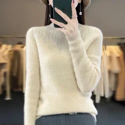 Autumn Winter Sweater Women Rhinestone New High Neck100% Pullover Women Slim Fit Solid Color Sweater Women's Long Sleeve Top