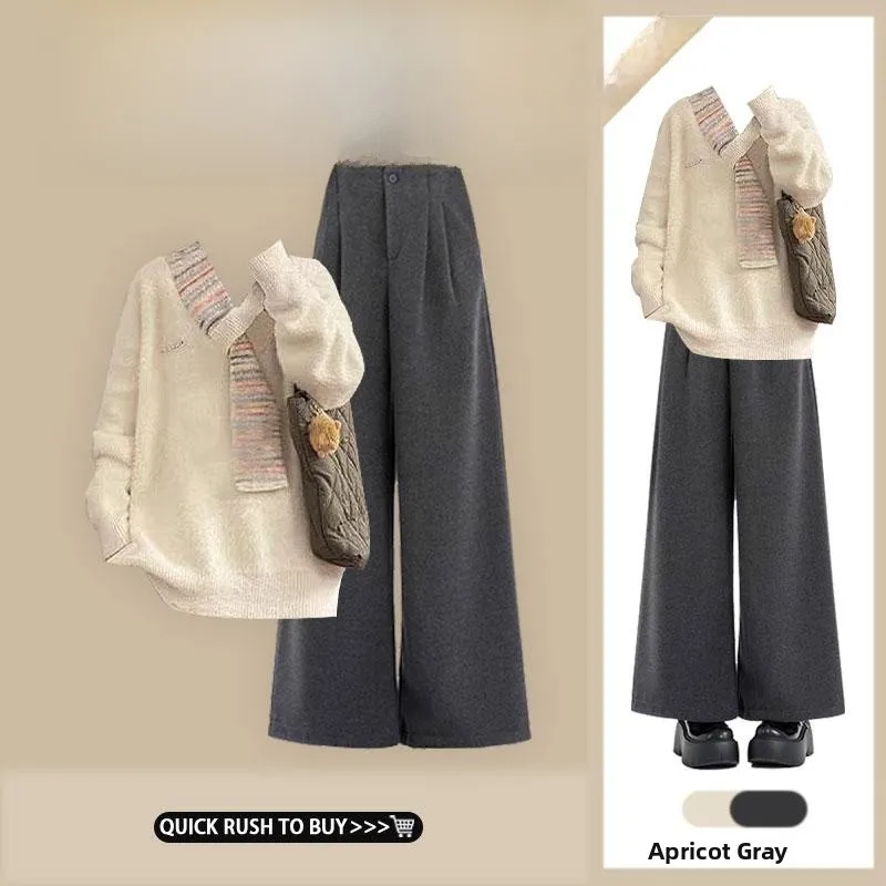 

Японский вязаный свитер с V-образным вырезом и твидовые брюки с широкими штанинами на высокой талии: модный повседневный комплект для женщин