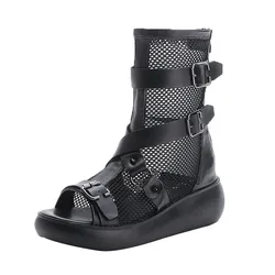 Summer 2022 New Genuine Leather Sandals Women's Hollow Mesh Breathable High-top Wedge Heel Thick-soled Fish Mouth Sandals
