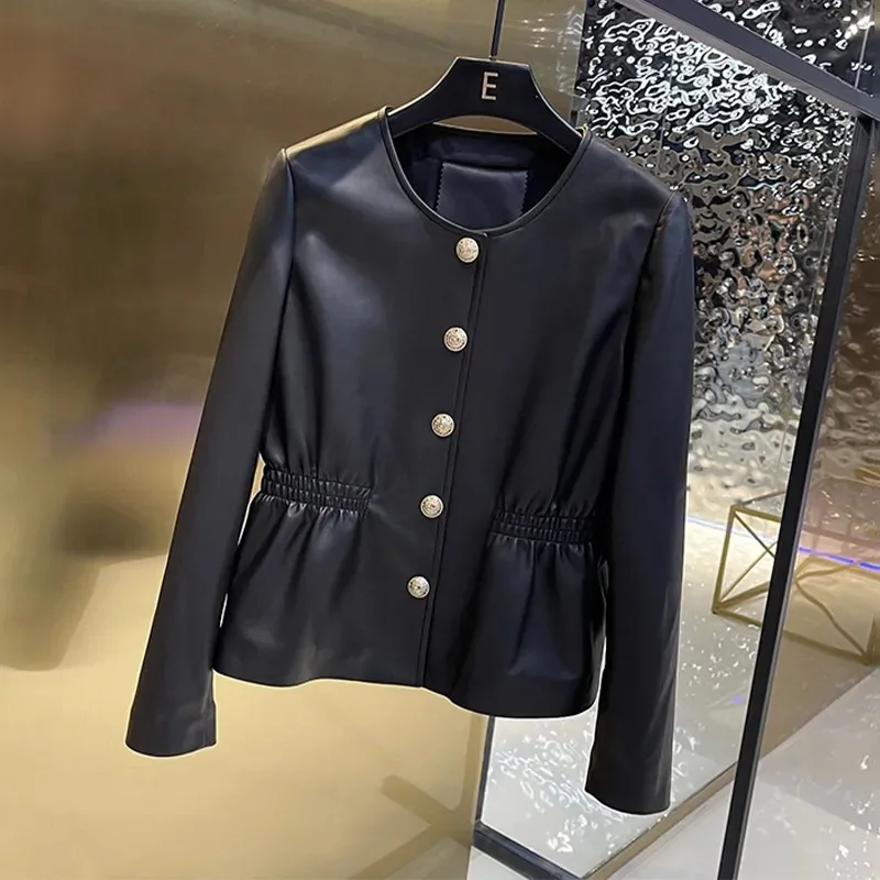 2024 New Black Brown Spring Autumn Jackets Round Neck PU Leather Jacket Single-Breasted Waist Fashion Short Leather Coat Female