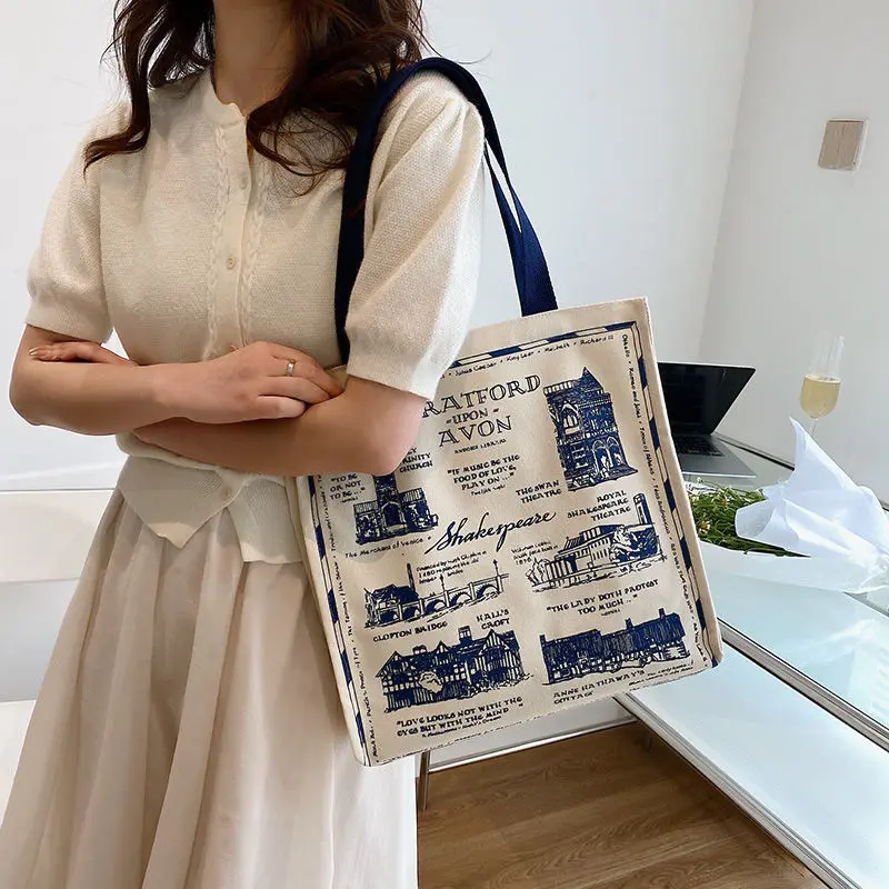 Canvas Women Handbags Shoulder Underarm Bag London Books Print Handbag Large Capacity Ladies Shopping Tote Bag Student Book Bags