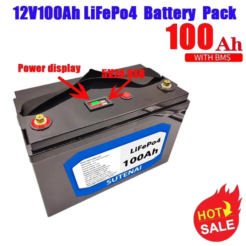 12V 100Ah Lithium Iron Phosphate Battery LiFePO4 Built-in BMS LiFePO4 Battery for Solar Power System RV House Trolling Motor