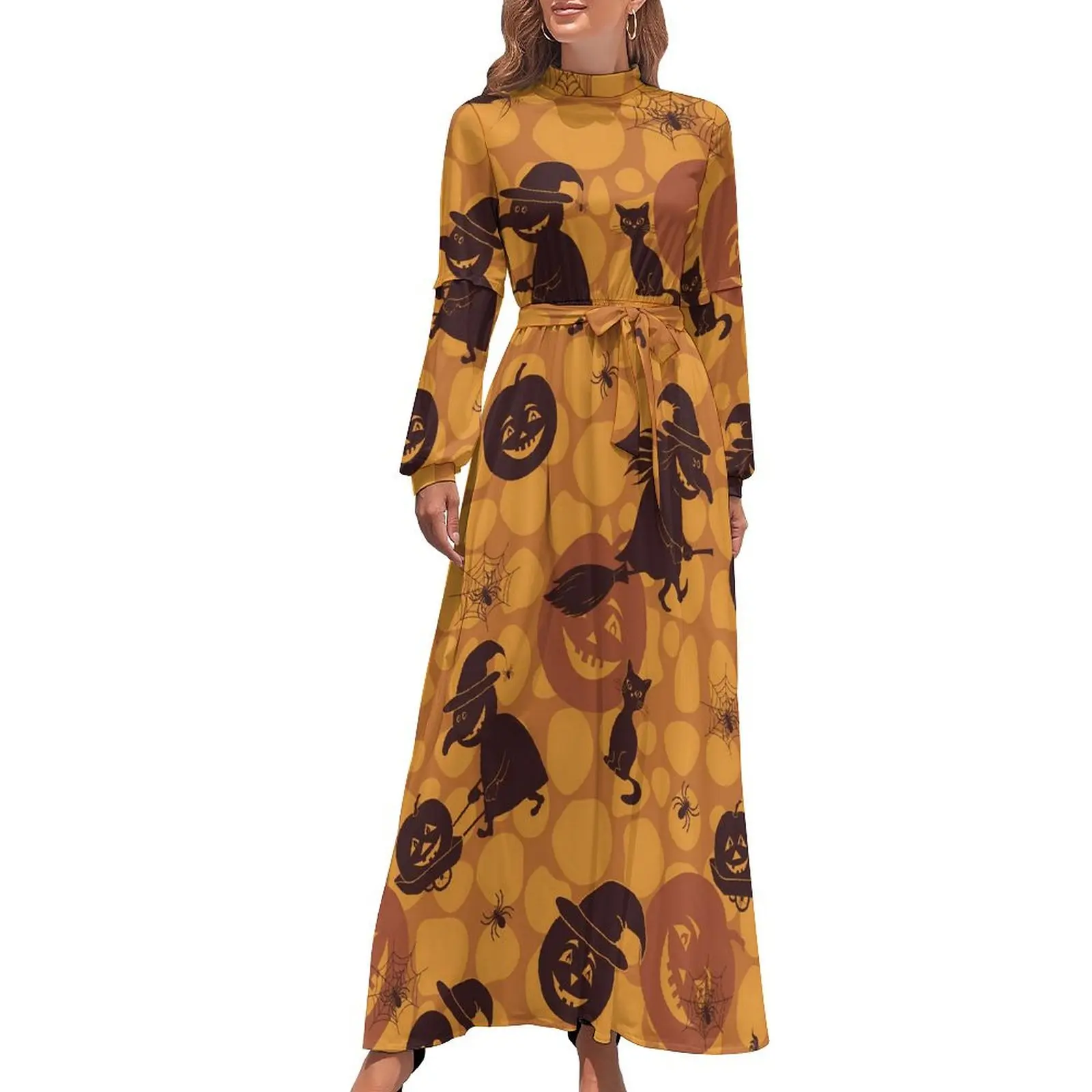 

Happy Haunts Dress Long Sleeve Halloween Symbols Cute Maxi Dress High Waist Street Fashion Printed Beach Long Dresses Gift Idea