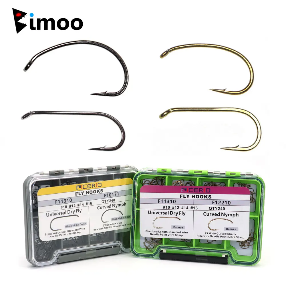 Bimoo 240 pièces/boîte Hameçons à franges standard pour montage de mouches sèches, courbés, pour nymphes, caddies, pupes, moucherons, émergers, et leurres de pêche à la truite en forme de crevettes