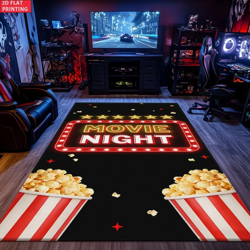 Movie Night Popcorn Marquee Light Sign Gaming Area Rug, Home Theater Cinema Non-slip Floor Carpet for Game Room Media Room
