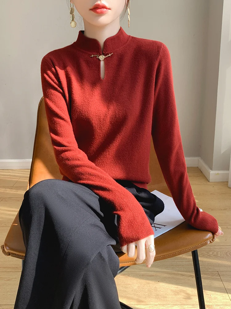 Retro Red New National Style Button Sweater Women's Stand Collar  Collar Chinese Knitted Base Shirt Elegant Shoulder...