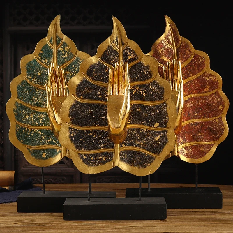 

Solid Wood Ornament Study Office Decor Buddha Hand Bodhi Leaf Shape Pure Handmade Carved Gold Powder Painted Surface Stable