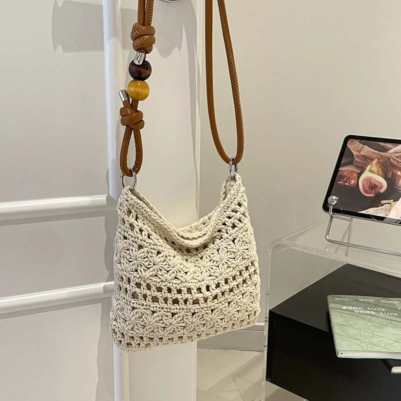 2026 Summer Boho Crochet Straw Shoulder Bag with Ribbon Bow Women's Handwoven Woven Crossbody Purse Cute Summer Beach Tote view 2