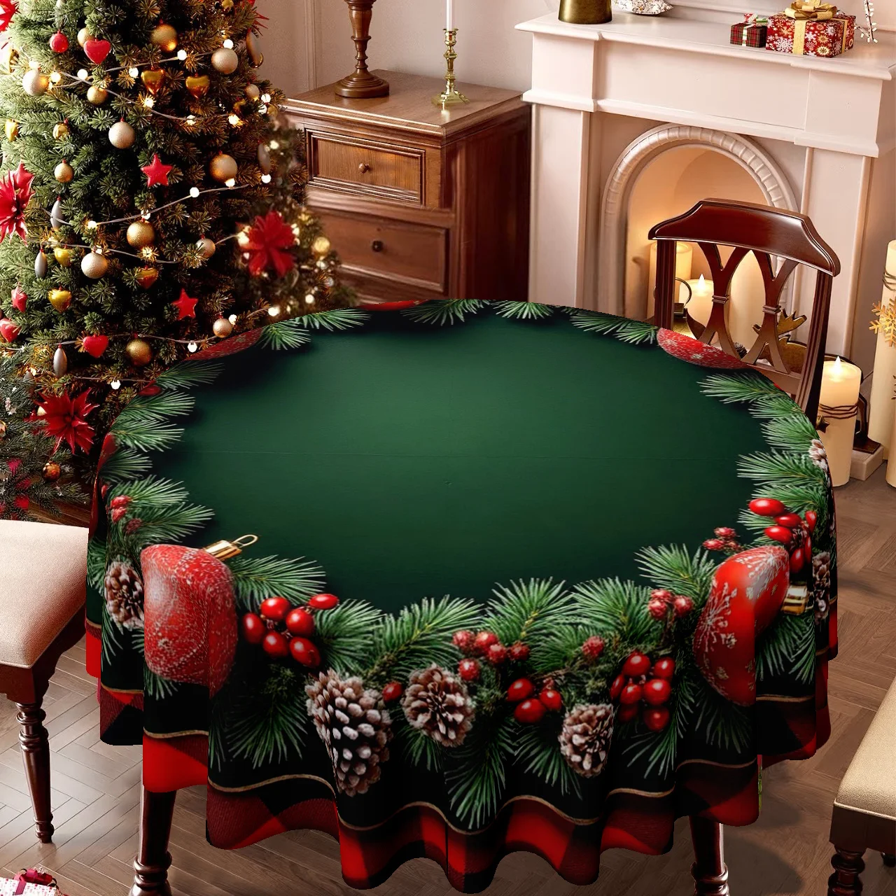 2D flat tablecloth 1-piece, round Christmas tablecloth with checked trim and wreath pattern (green/red/gold)