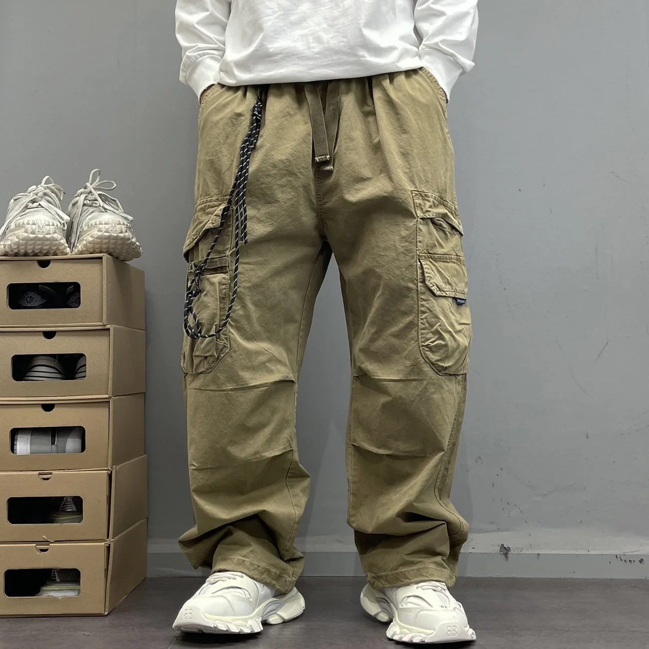 Japanese Streetwear Amikaji Fashion Multi-pocket Pure Cotton Casual Pants Men Pleated Loose Wide Leg Baggy Cargo Pants Trousers