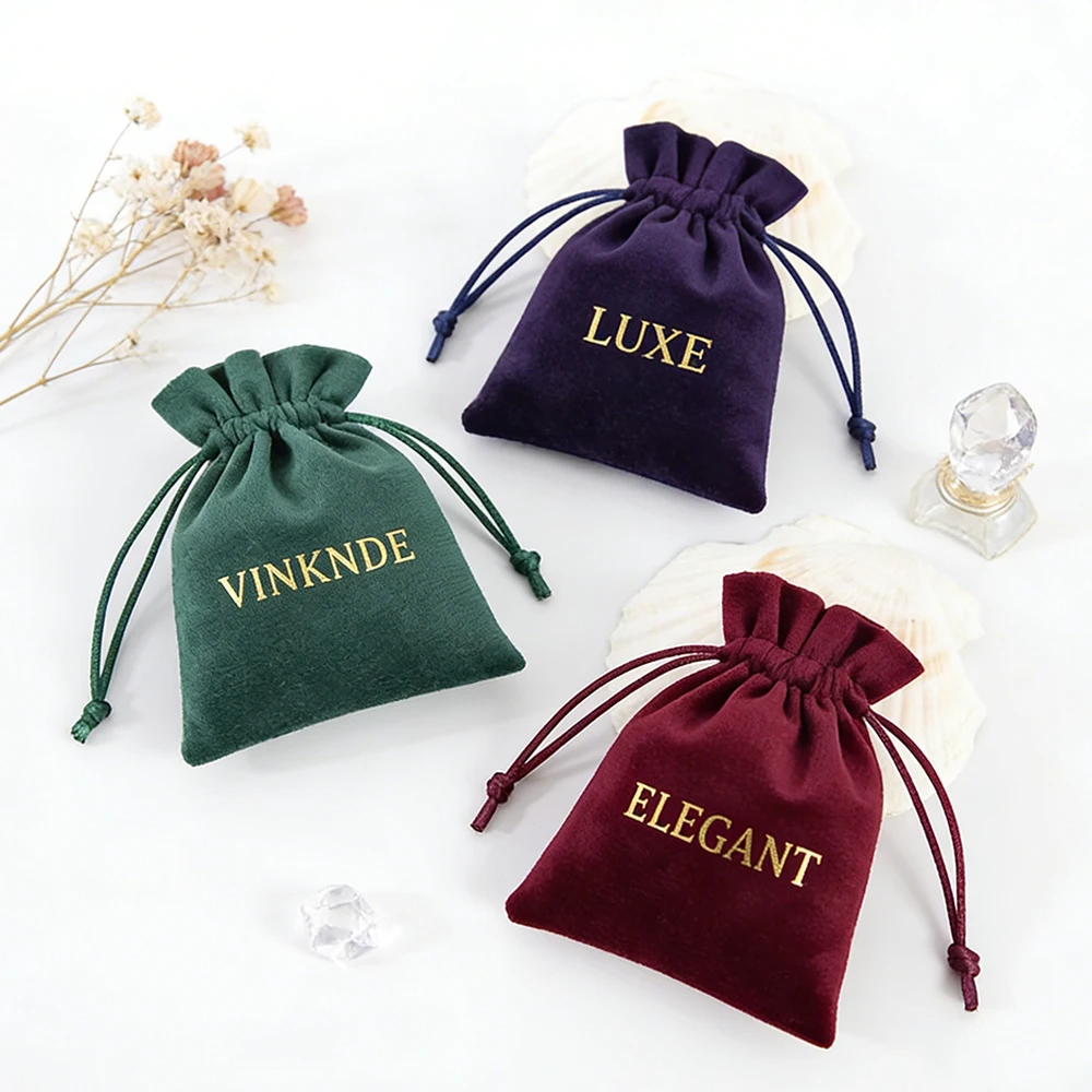 

100Pcs/Lot Drawstring Velvet Bag Custom Logo Jewelry Earrings Bracelet Rings Perfume Cosmetic Packaging Pouch Wedding Gift Bags