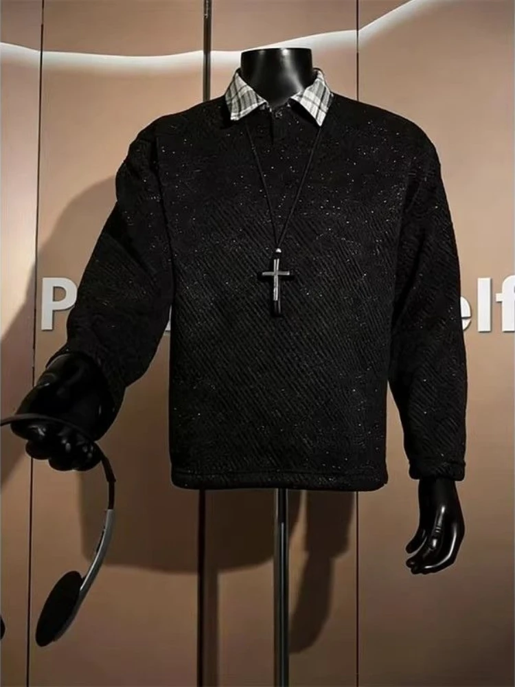 Men's Autumn Winter Starry Knit Polo Sweatshirt Regular Shoulder Collared Inner Base Layer Top