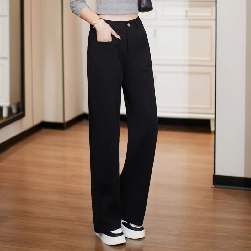 Celana Jeans Kuning untuk Wanita Musim Semi dan Musim Gugur Celana Lurus Ramping Pinggang Tinggi Baru Celana Kaki Lebar Retro