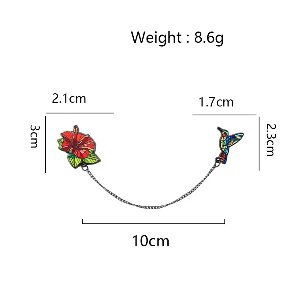Origami Hummingbird And Red Hibiscus Flower Chain Enamel Pin Collar Decoration Natural Jewelry Gifts For Bird Flower Lovers