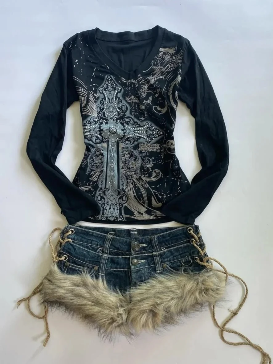 Camiseta vintage feminina casual manga longa streetwear subcultura harajuku americano retro y2k vintage gótico camisetas outono chiques topos