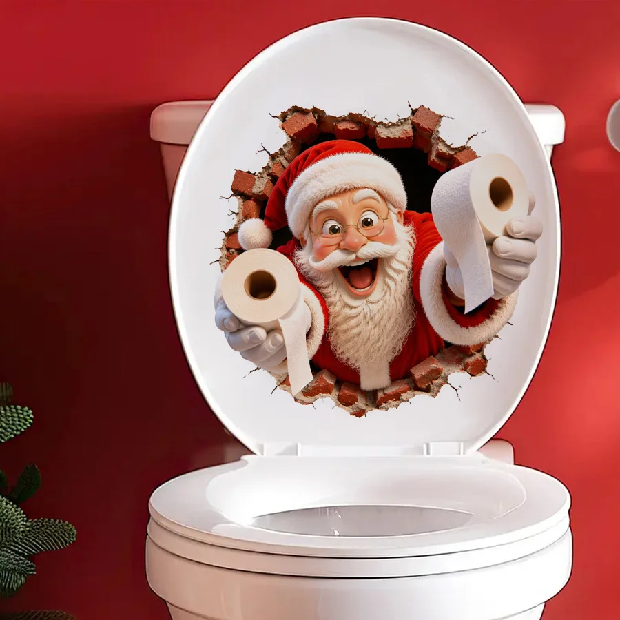 1pc Funny 3D Break Through Wall Santa Toilet Lid Sticker 1Pc, Santa With Toilet Paper, Christmas Bathroom DIY Party Decoration
