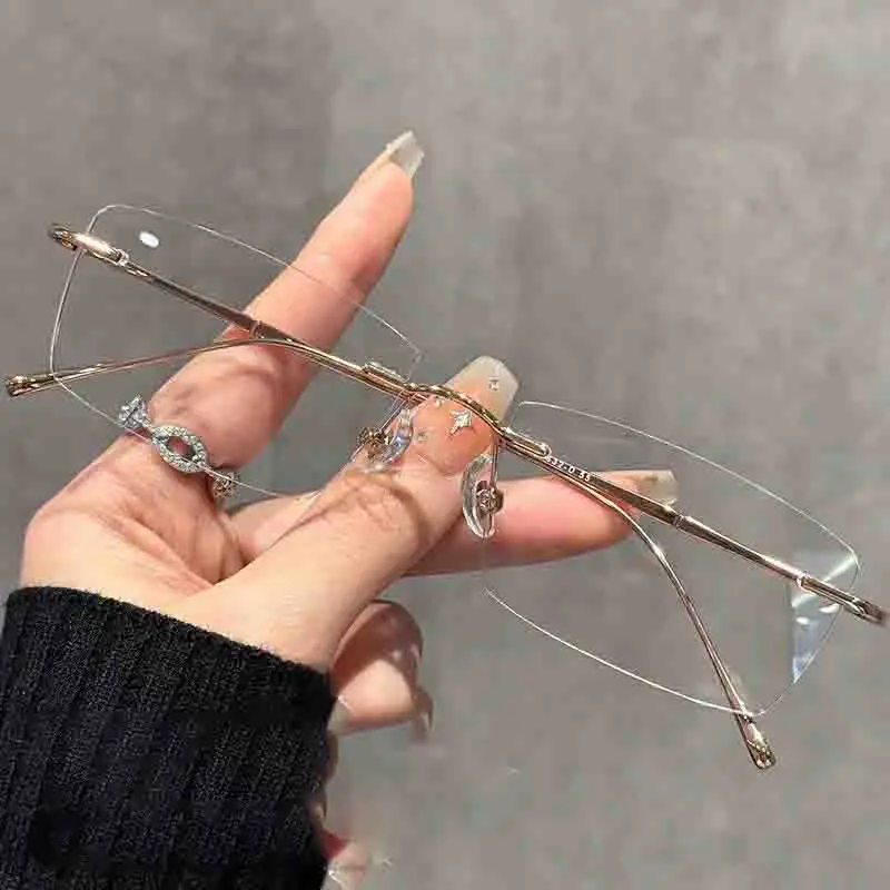 1pc Frameless Myopia Glasses Clear Lens Ultra-light Small Square Rimless Blue Light Blocking Near Sight Eyeglasses for Women Men