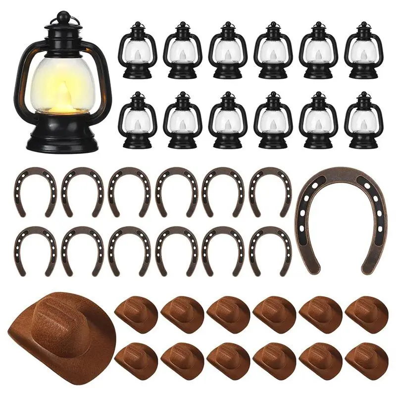 【كفاءة 】زينة حفلات رعاة البقر 36 قطعة ديكور فانوس غربي صغير 12 فانوس مع شمعة 12 حدوة حصان معلقة 12 قبعة رعاة البقر #1