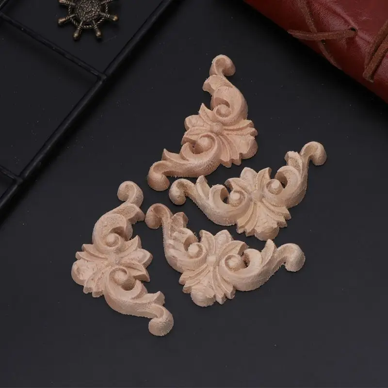 4pcs/set Wood Carved Corner Flower Onlay Applique Unpainted Frame Cupboard Cabin