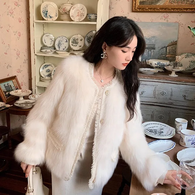 인조 모피 코트 여성용 모피 재킷 솔리드 포켓 라운드 넥 긴 소매 싱글 브레스티드 루즈 캐주얼 오피스 레이디 2025 가을 겨울