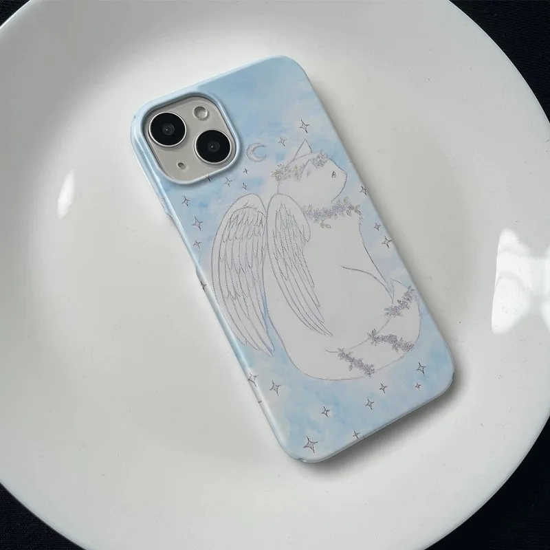 Ins Dream Angel Cat Blue Art Case for IPhone 15 14 13 Pro Max 12 11 Pro Plus XR XS MAX Shockproof Protective Hard Acrylic Cover