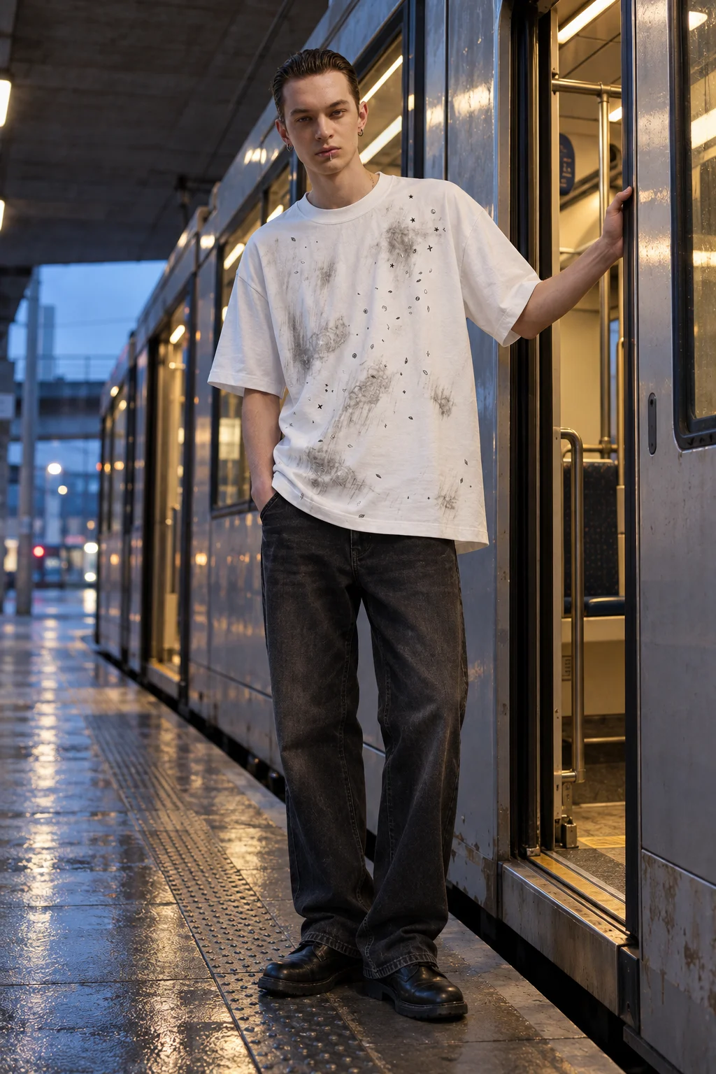 MAZZONNE Men's White Crew Neck Short Sleeve T-Shirt with Metallic Star Details and Abstract Print Streetwear Top H