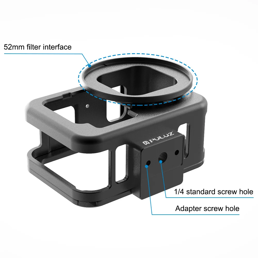 PULUZ Aluminum Alloy Protective Cage Housing Shell Cover with Frame & 52mm UV Lens For GoPro HERO12 11 10 9 Black Action Cameras