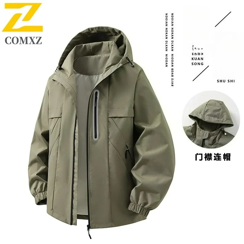 COMXZ 2025 New Hooded Jacket Men Oxford Check Water Resistant Mountain Wear High Quality Youth Outwear Parka Coat