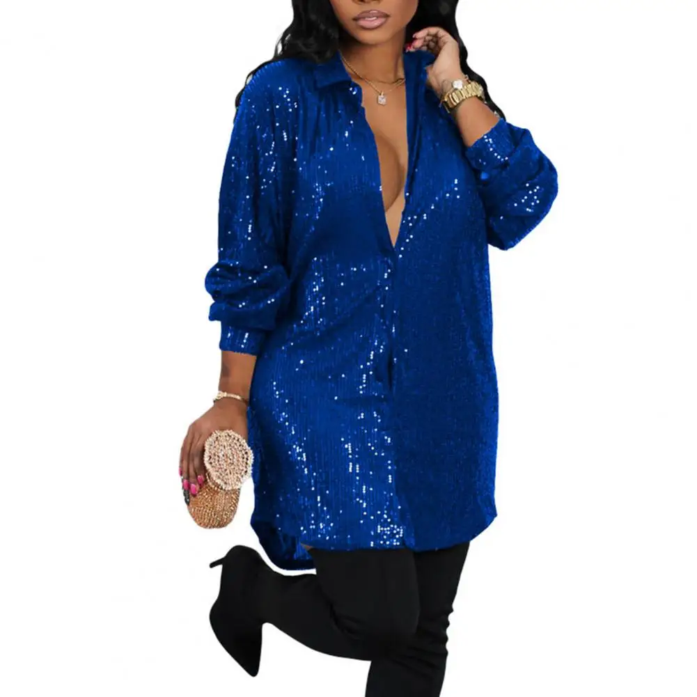 Elegant Shirt Dress Women Shiny Sequin Evening Party Long Sleeve Loose Buttons Mid Length Cardigan Blouse Mini Dress