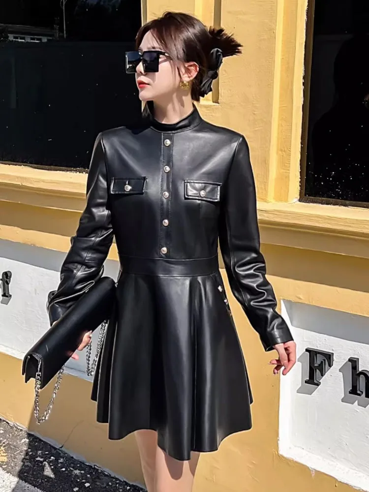 Spring New Women Long Sleeve Stand Collar Sheepskin Genuine Leather Dress Punk Style Ladies Slim Waist A Line Ladies Mini Dress