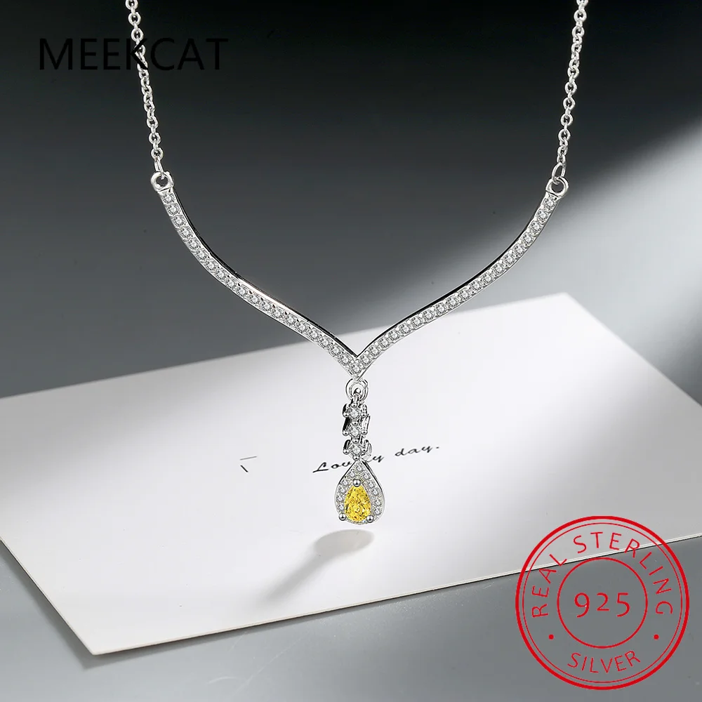 Pear Natural Yellow Citrine 925 Sterling Silver V Shape Pendant Necklace for Women Waterdrop Gemstone Jewelry Choker de Prata