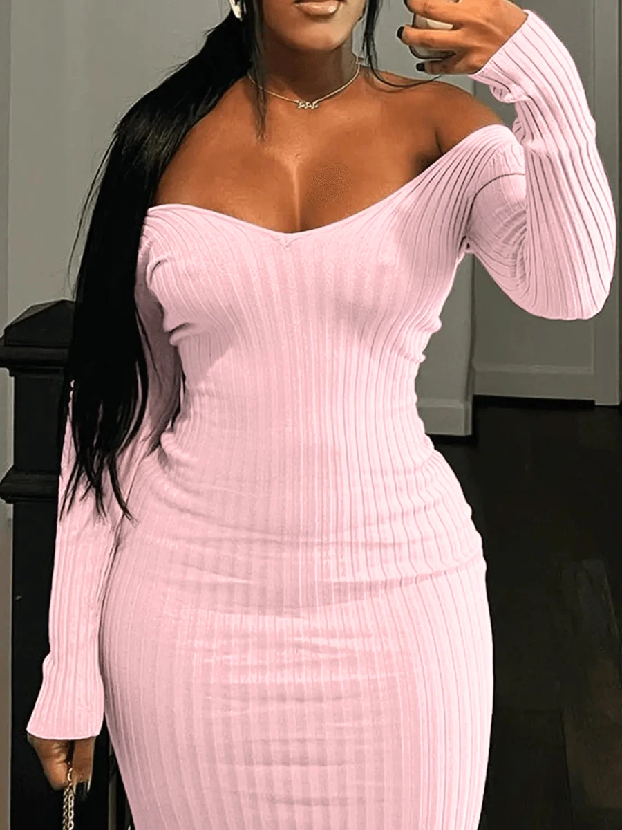 LW Women\'s V Neck Long Sleeve Midi Dresses BASICS Deep V Neck Rib Knit Bodycon Dress 2023 Fall Causal Sexy Wrap Dress