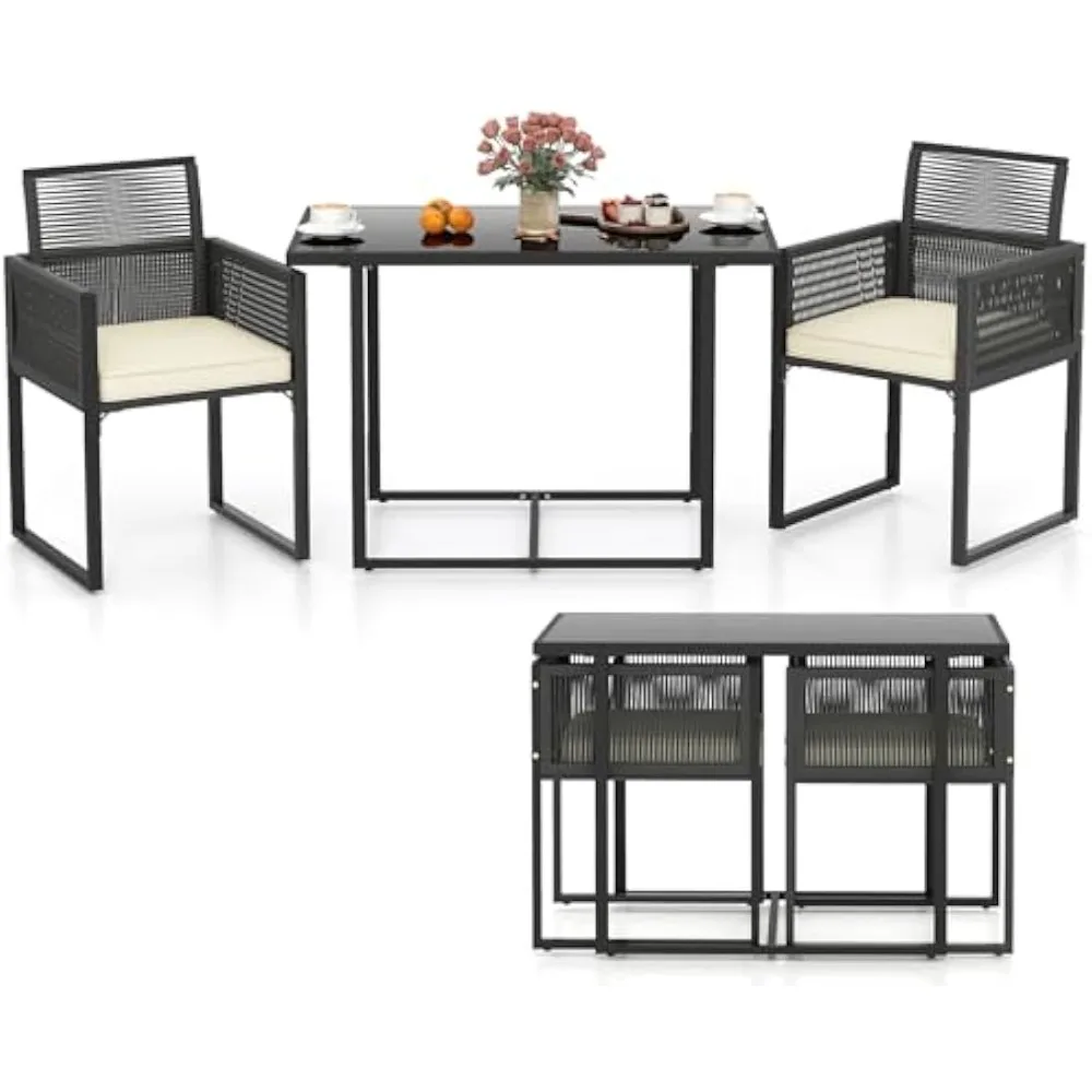 

3 Pieces Patio Dining Set, Outdoor Space-Saving PE Wicker Bistro Set with Cushions, Patio Tempered Glass Top Table and Chairs S