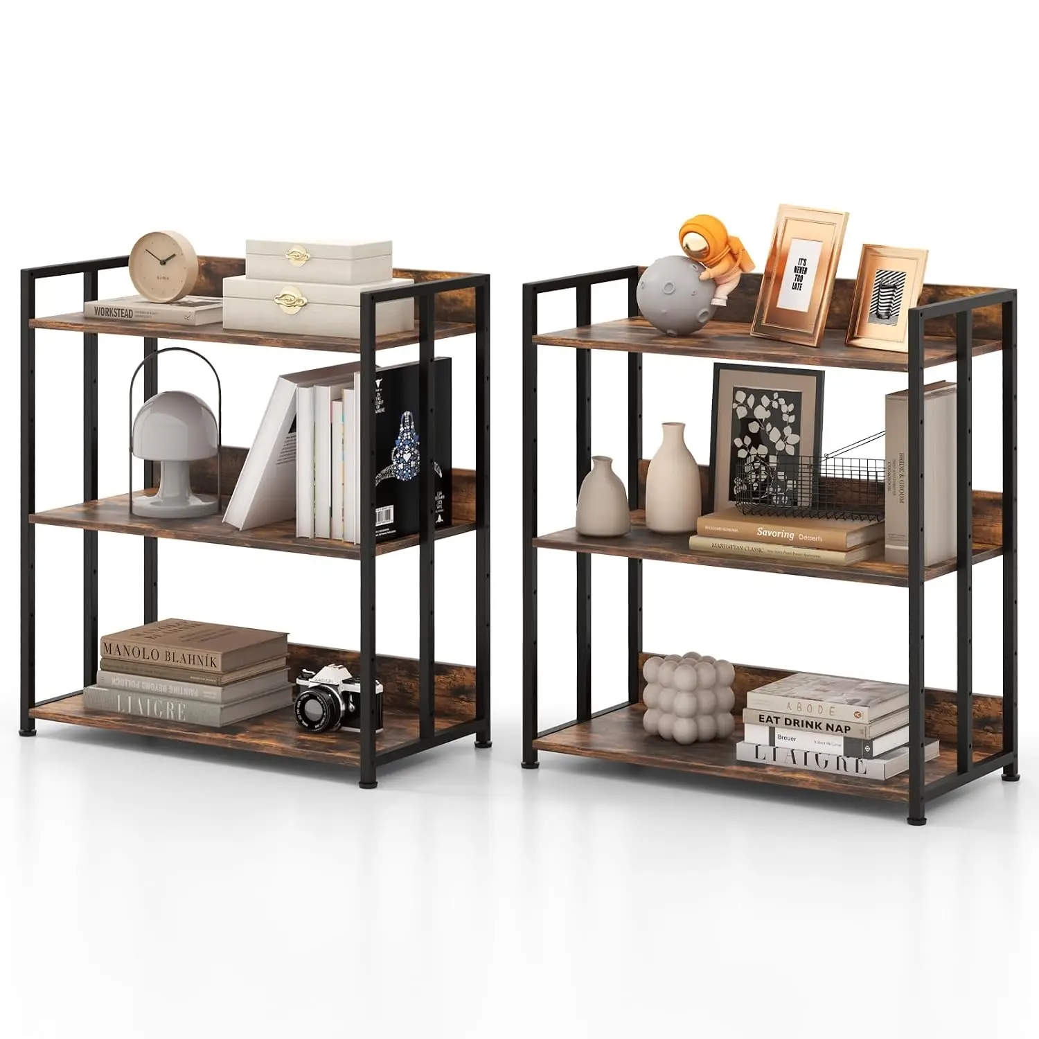 Industrial 3-Tier Bookshelf Set Of 2, Freestanding Bookcase With Adjustable Shelves, Metal Frame & Anti-Toppling, Customized