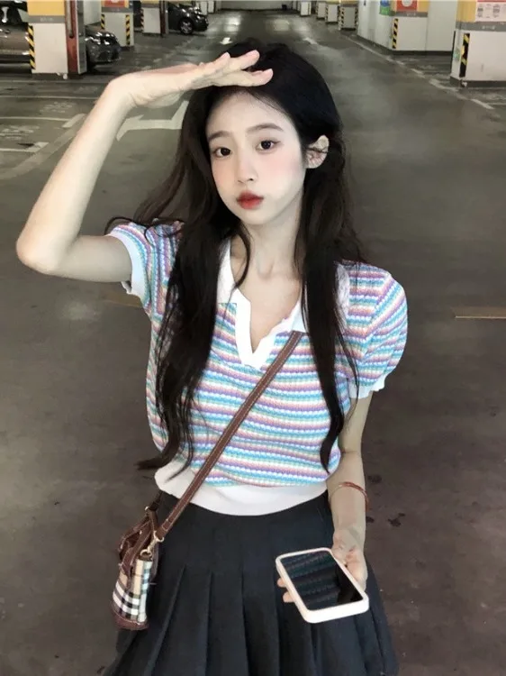 Sweet And Spicy Rainbow Stripes Short Sleeve  Neck T-Shirt Women's Summer Design Short Knitted Top Shoulder Width  Shirt