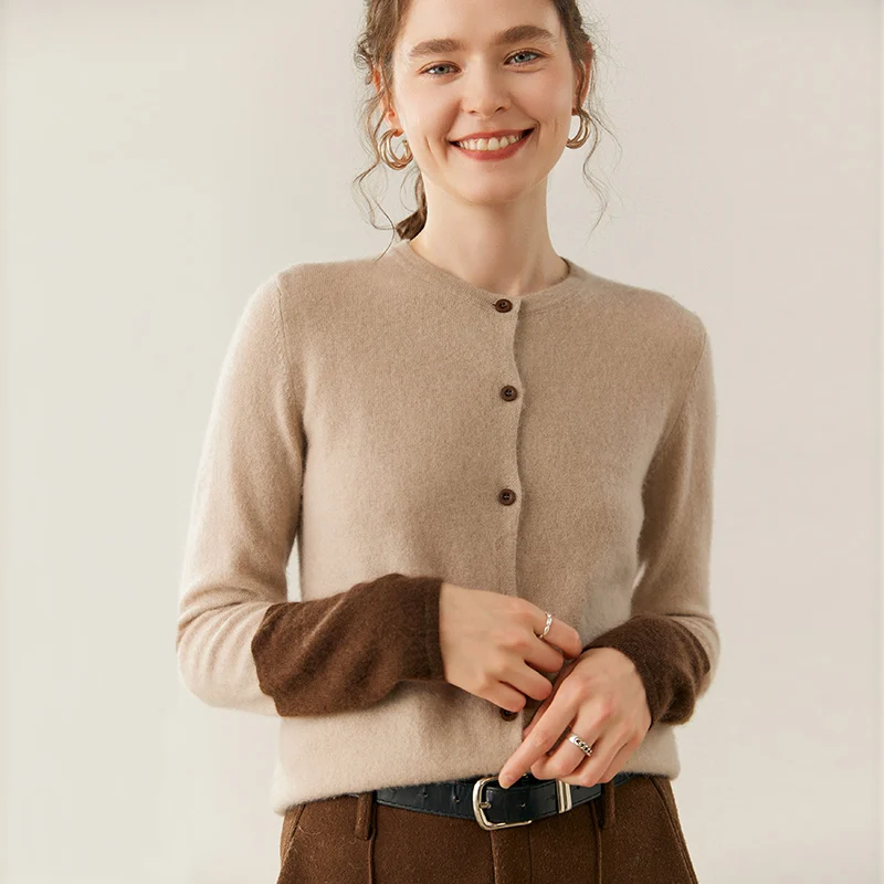 

Chic Woman Color Block Basics Cardigan 100% Cashmere Soft Warm Knitwear O-Neck Sweater Autumn Winter Office Lady Cashmere Top